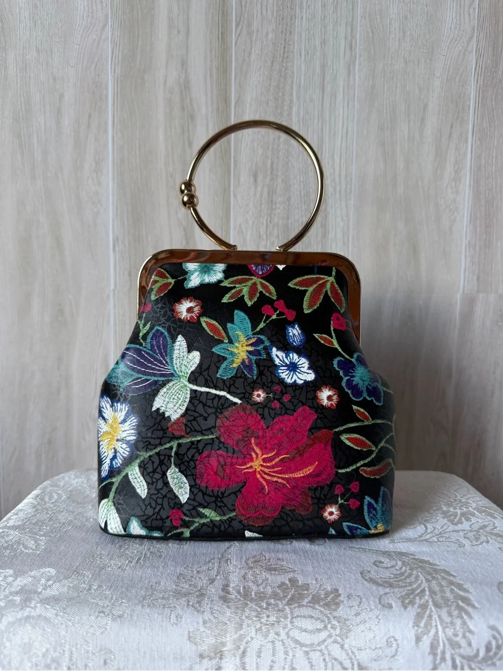 Black Floral Ring-Handle Evening Bag